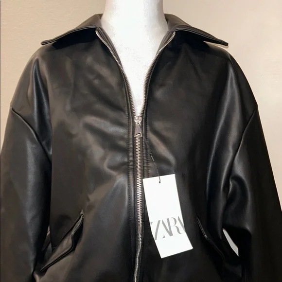 ZARA NWT Faux Leather Bomber Jacket Black Medium Oversized Zipper Closure - Picture 6 of 9